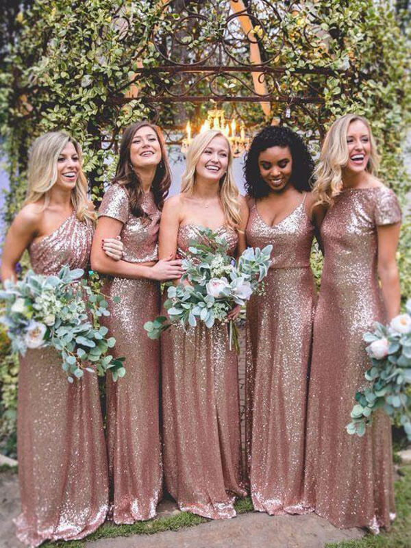 Vestidos de dama de honor largos hasta el suelo con lentejuelas desiguales en oro rosa brillante 