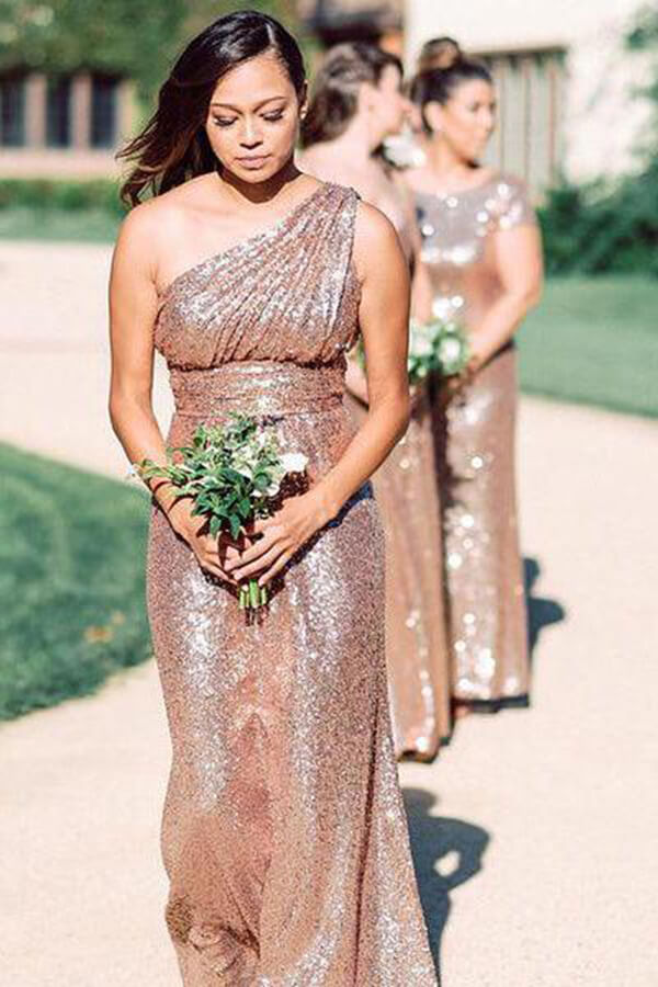 Sparkly Rose Gold Sequins One Shoulder Long Bridesmaid Dresses
