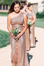 Sparkly Rose Gold Sequins One Shoulder Long Bridesmaid Dresses