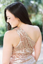 Sparkly Rose Gold Sequins One Shoulder Long Bridesmaid Dresses