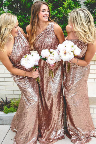 Sparkly Rose Gold Sequins One Shoulder Long Bridesmaid Dresses