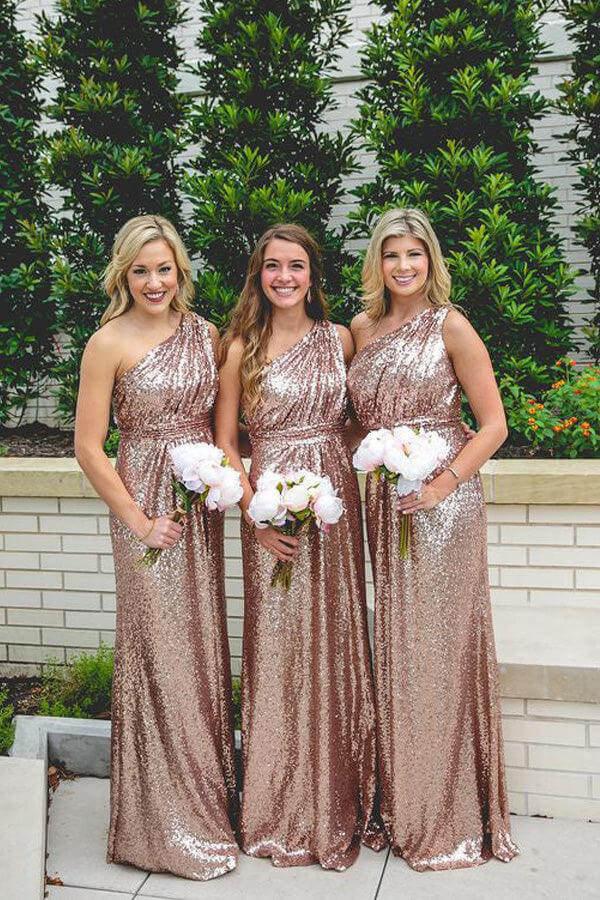 Sparkly Rose Gold Sequins One Shoulder Long Bridesmaid Dresses