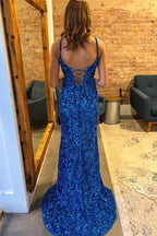Robe de bal longue sirène à sequins bleu roi scintillants avec fente