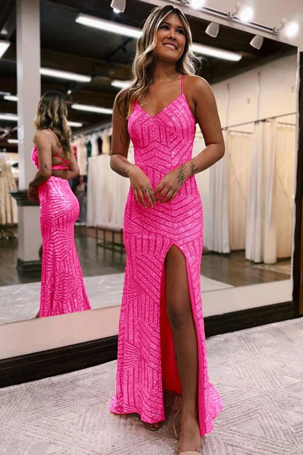 Sparkly Sequin Orange Long Glitter Prom  Dress With Split