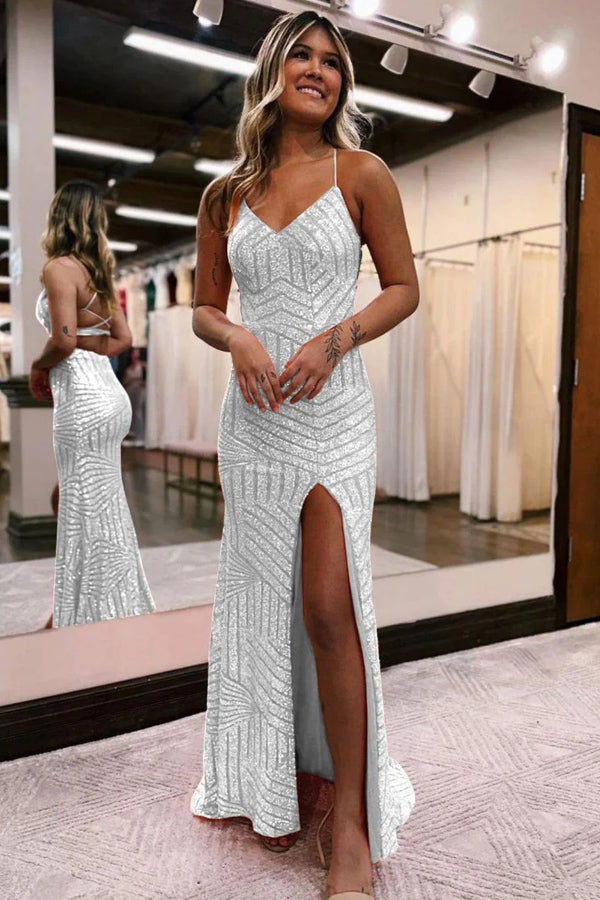 Sparkly Sequin Orange Long Glitter Prom  Dress With Split
