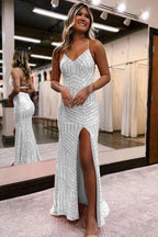 Sparkly Sequin Orange Long Glitter Prom  Dress With Split