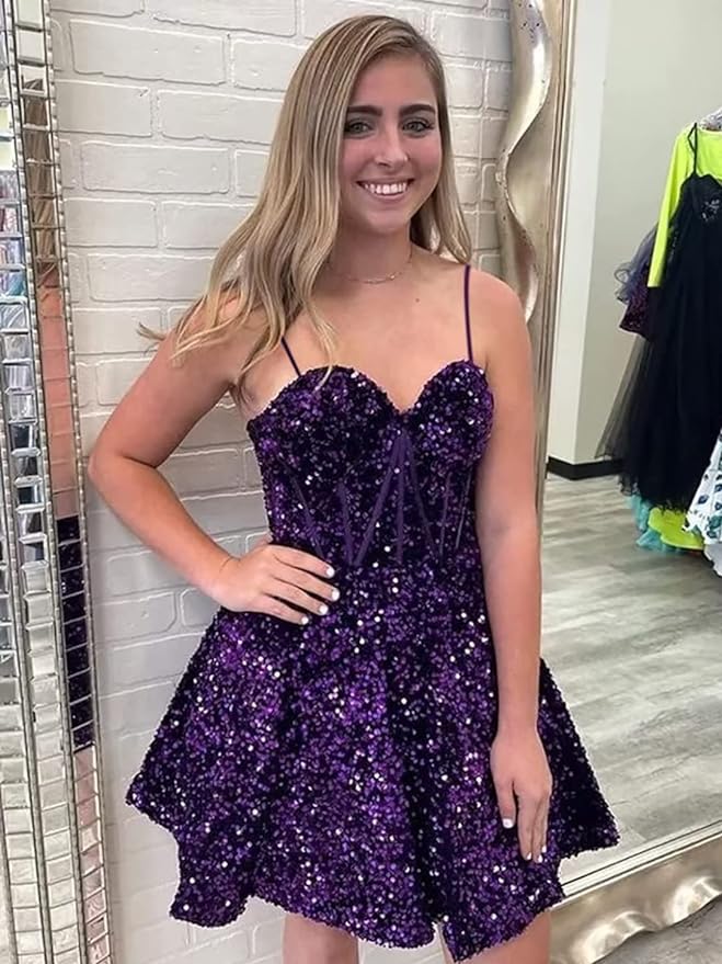 Vestido de fiesta corto de tirantes finos con lentejuelas SYH94 