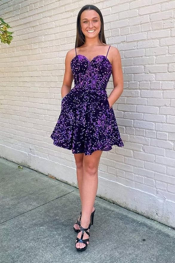 Vestido de fiesta corto de tirantes finos con lentejuelas SYH94 