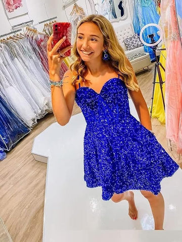 Robe de bal courte à fines bretelles trapèze, sequins SYH94 