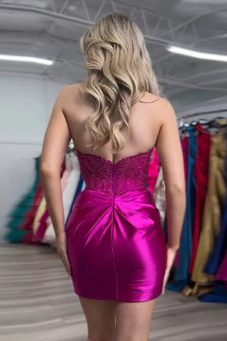 Robe de bal fuchsia sans bretelles à paillettes et appliques perlées PD548