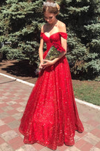 Tulle A-line Off Shoulder Long Prom Dresses, Evening Dresses