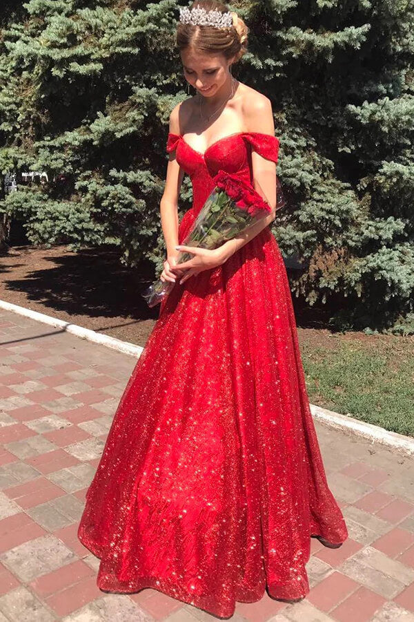 Tulle A-line Off Shoulder Long Prom Dresses, Evening Dresses