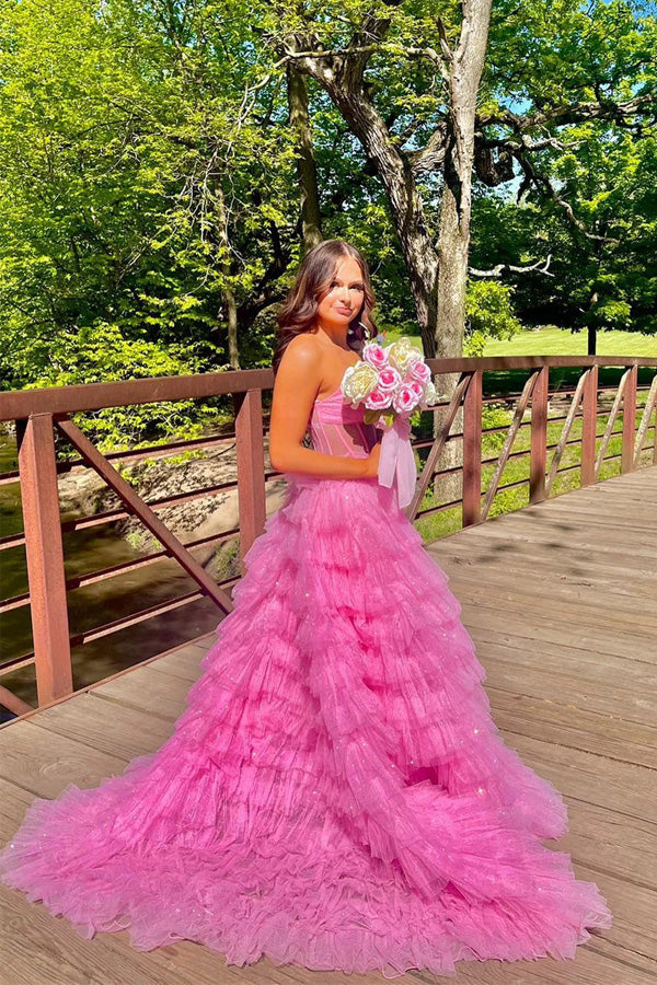 Sparkly Tiered Ruffles Gold Prom Dress Strapless Evening Dress