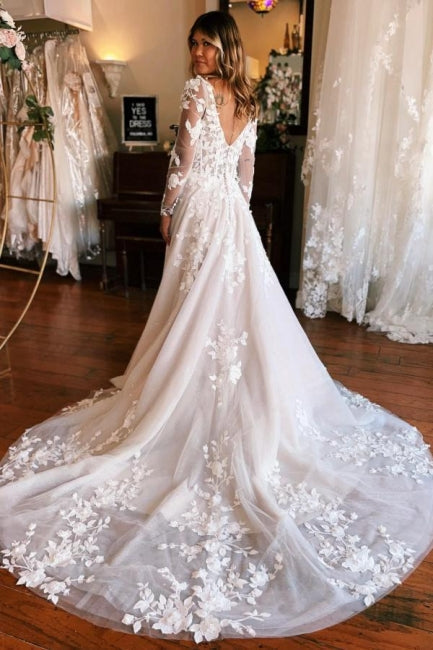 Vestido de novia de encaje corte A, manga larga, escote cuadrado