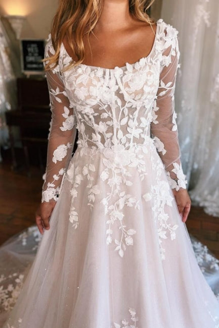 Vestido de novia de encaje corte A, manga larga, escote cuadrado
