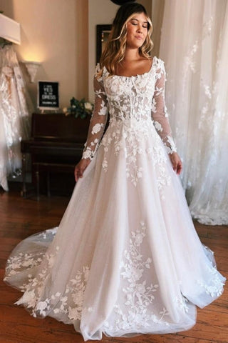 Vestido de novia de encaje corte A, manga larga, escote cuadrado