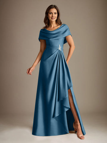 A-Line Scoop Floor-Length Stretch Satin Mother of the Bride Dress With Cascading Ruffles