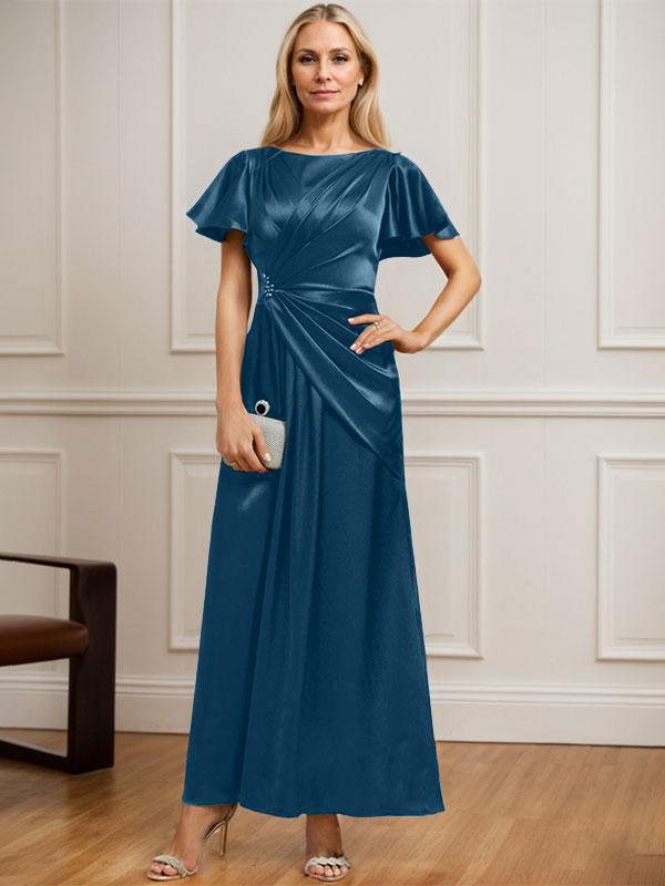 Vestido de novia corte A, escote redondo, largo hasta el tobillo, de satén elástico con plisados ​​y cuentas. 