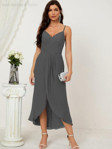 Vestido de dama de honor de gasa con escote en V y abertura media, vestido formal de fiesta, vestido de bienvenida 2803 