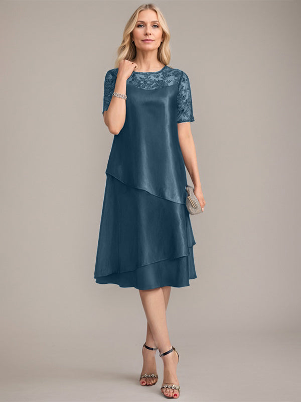 Vestido de corte A, escote redondo, largo hasta la rodilla, para la madre de la novia, con apliques y lentejuelas. 