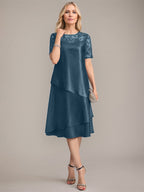 Vestido de corte A, escote redondo, largo hasta la rodilla, para la madre de la novia, con apliques y lentejuelas. 