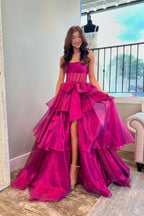 Robe de bal longue fuchsia bustier trapèze fendue PSK595