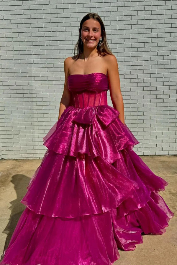Robe de bal longue fuchsia bustier trapèze fendue PSK595