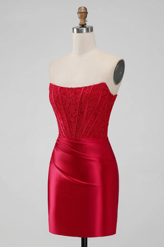 Vestido corto rojo ajustado sin tirantes para baile de bienvenida PD505