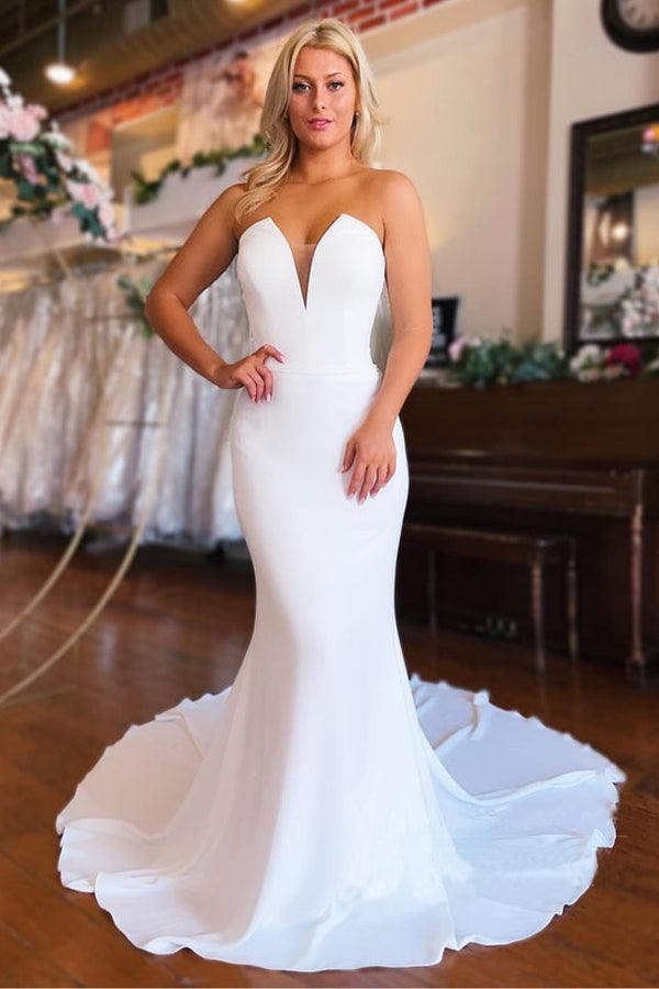 Vestidos de novia largos de satén estilo sirena con cola de capilla y sin tirantes WD603