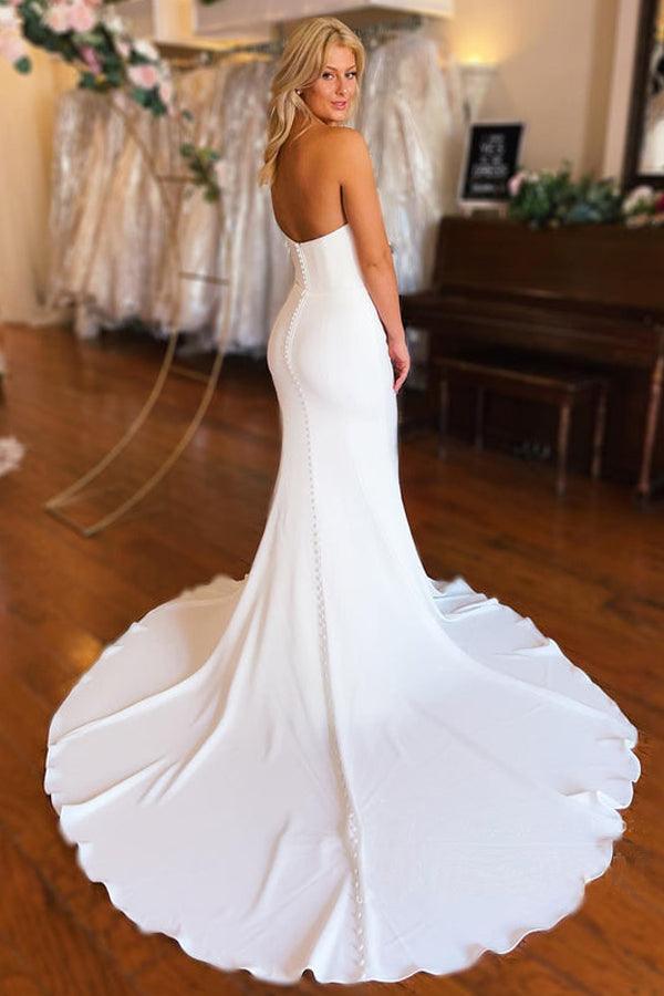 Vestidos de novia largos de satén estilo sirena con cola de capilla y sin tirantes WD603