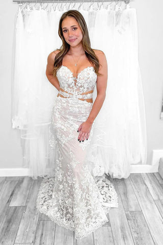 Vestido de novia elegante de corte sirena sin tirantes con apliques de encaje WD756