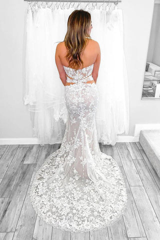 Vestido de novia elegante de corte sirena sin tirantes con apliques de encaje WD756