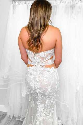 Vestido de novia elegante de corte sirena sin tirantes con apliques de encaje WD756