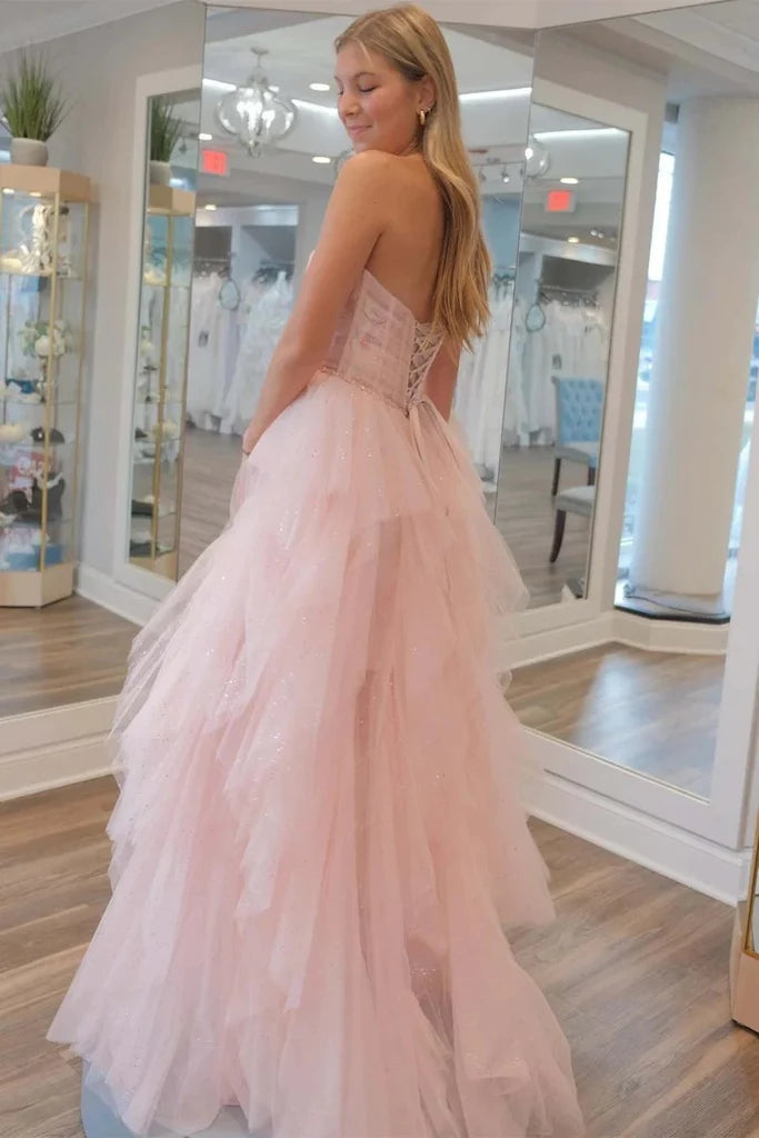 Impresionante vestido de graduación sin tirantes, rosa claro, con lentejuelas, tul y cuentas PSK476
