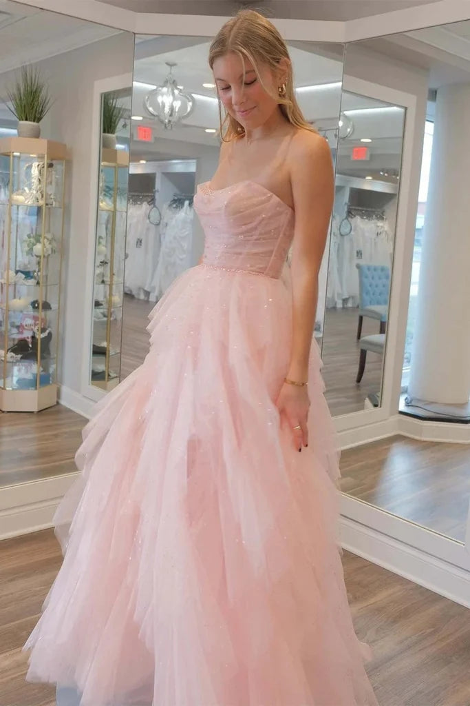 Impresionante vestido de graduación sin tirantes, rosa claro, con lentejuelas, tul y cuentas PSK476