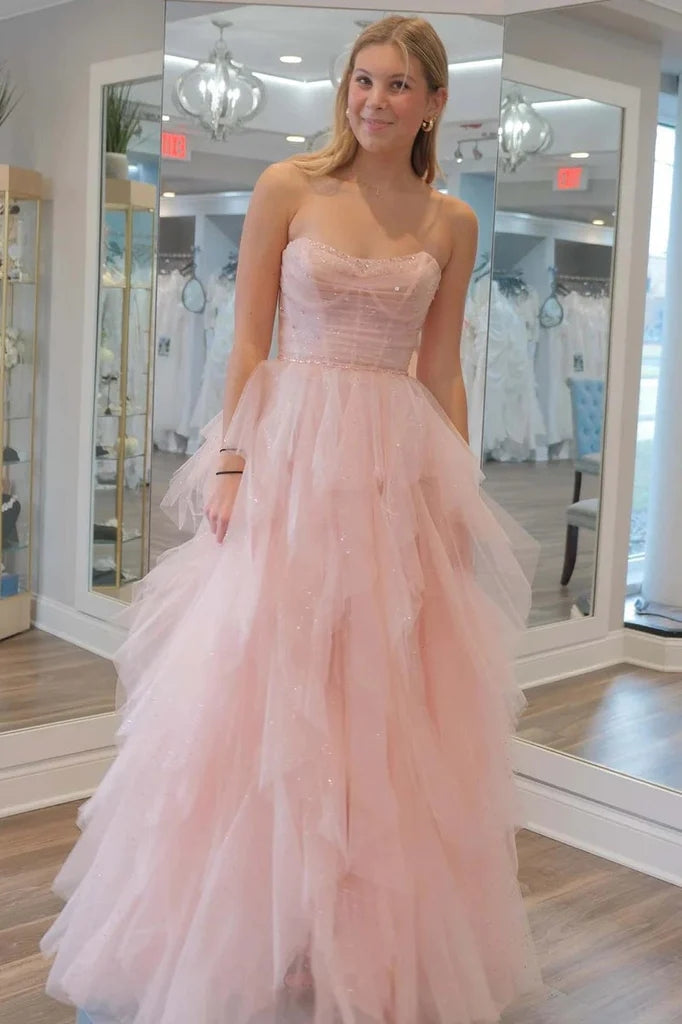 Impresionante vestido de graduación sin tirantes, rosa claro, con lentejuelas, tul y cuentas PSK476