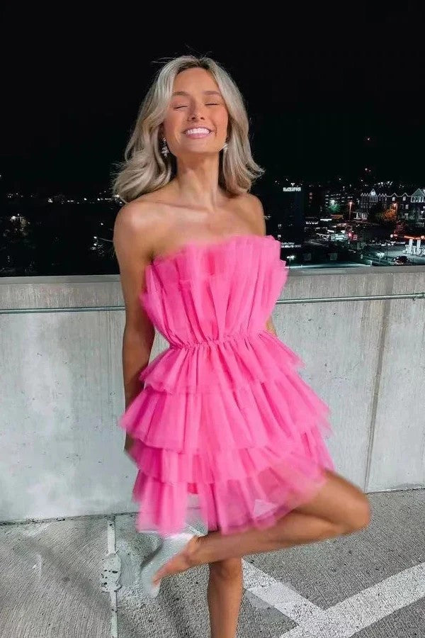 Robe de bal de promo rose en tulle à volants sans bretelles, référence PD556