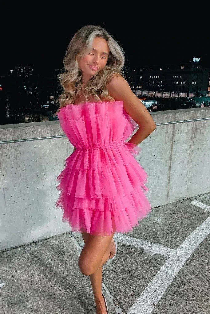 Robe de bal de promo rose en tulle à volants sans bretelles, référence PD556