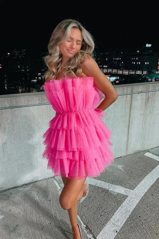 Vestido rosa de tul escalonado sin tirantes para fiesta de bienvenida, vestido de quinceañera PD556