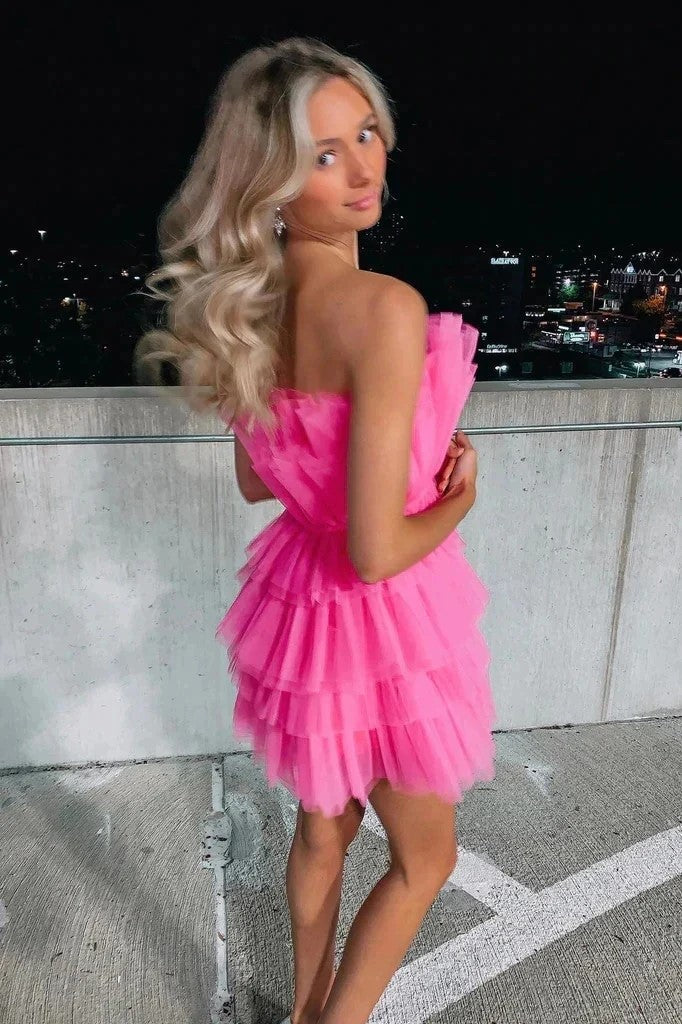 Robe de bal de promo rose en tulle à volants sans bretelles, référence PD556