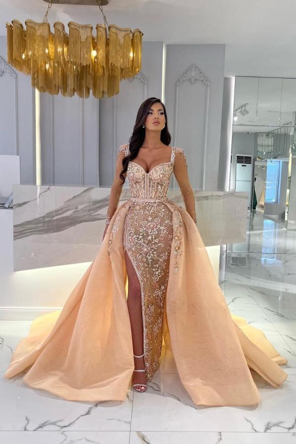 Mermaid Sweetheart Tulle Long Sleeves Split Front Prom Dresses With Detachable Train