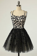 Robe de bal courte noire à bretelles et appliques, ornée de sequins PD475