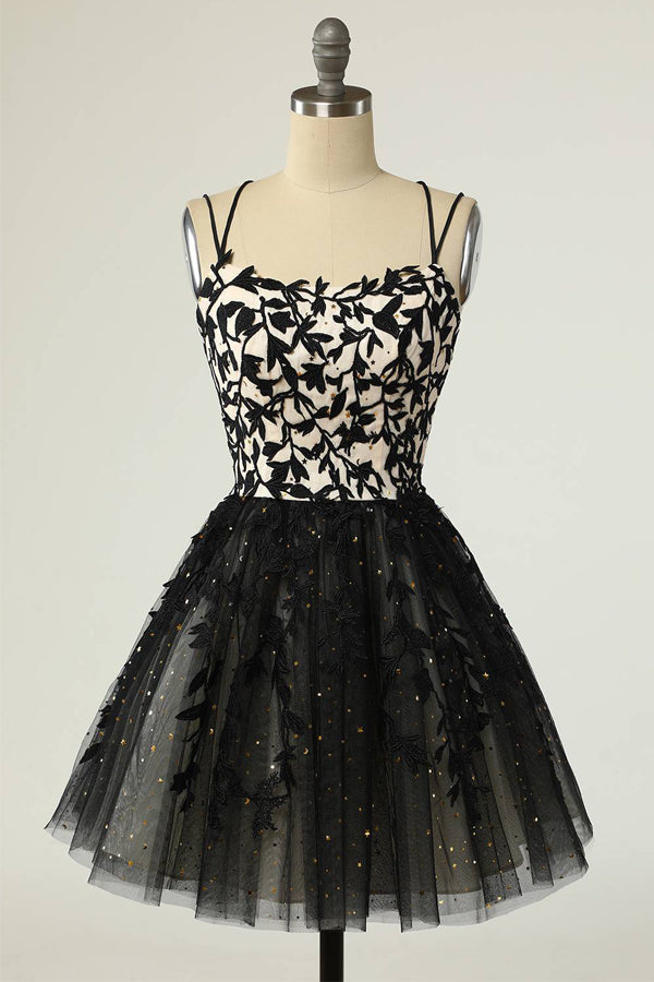 Robe de bal courte noire à bretelles et appliques, ornée de sequins PD475