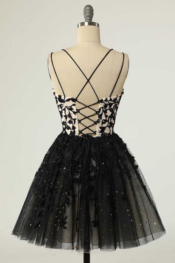 Robe de bal courte noire à bretelles et appliques, ornée de sequins PD475