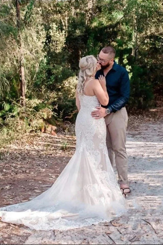 Robes de mariée sirène en dentelle à bretelles, style bohème WD714