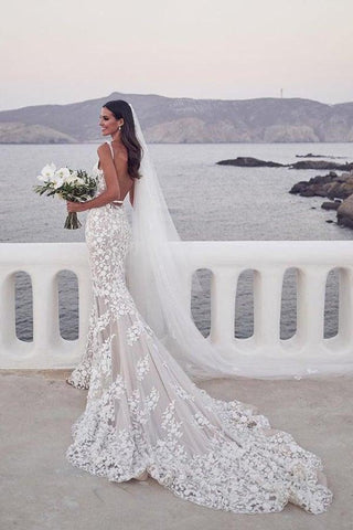 Vestidos de novia de sirena con tirantes y apliques de encaje WD574
