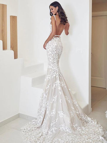 Vestidos de novia de sirena con tirantes y apliques de encaje WD574