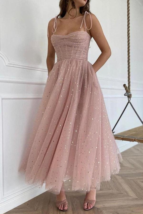 Robes de bal roses mi-longues à bretelles, robes de soirée en tulle PD453