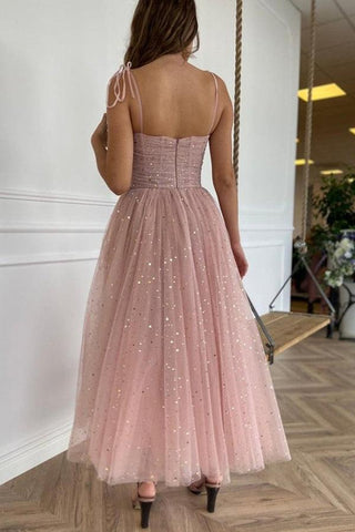 Robes de bal roses mi-longues à bretelles, robes de soirée en tulle PD453