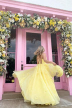 Straps Tulle Bodice 3D Flowers With Back Lace Up Yellow Prom Dress